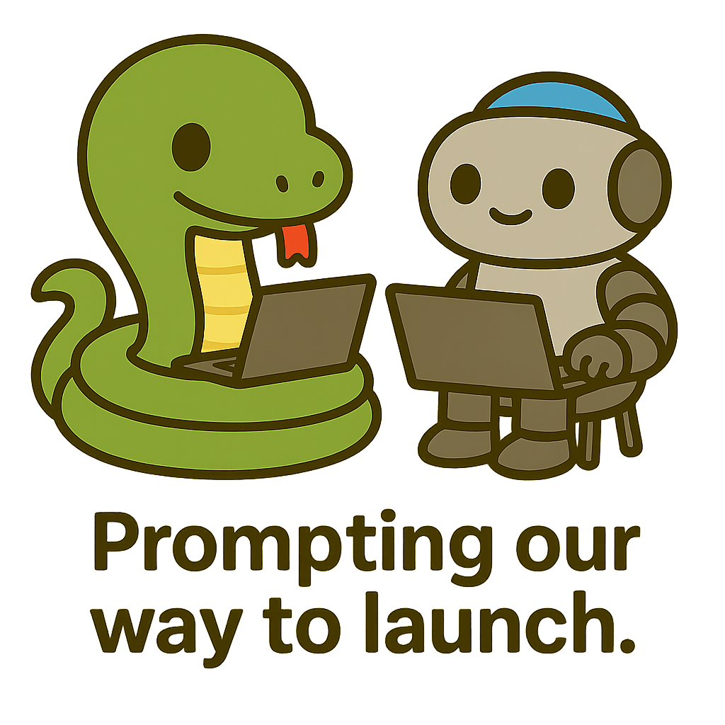 Illustration of Pip, a cute green snake coding on a laptop